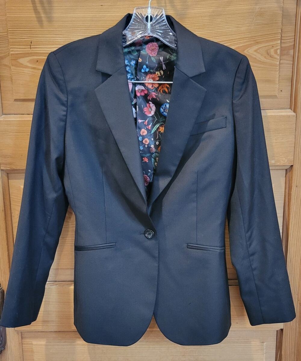 Indochino Black Wool Blazer Floral Lining Quiet Luxury Custom Jacket Size Small